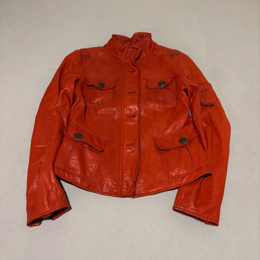 Danier Women Red Genuine Leather Military Utility Jacket Small Zip Button Moto